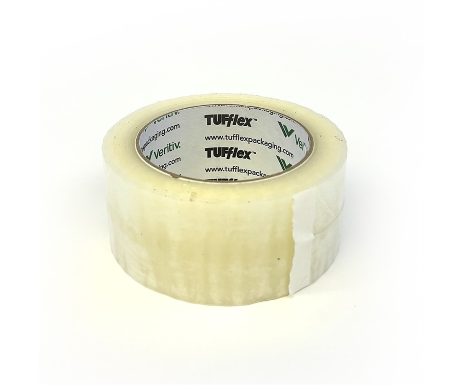 A roll of clear adhesive tape with printed branding on the inner core, placed on a white background. TUFflex 1.7 Mil. Clear Carton Sealing Tape Roll (48 mm. x 100 m., 36 RL/CS)